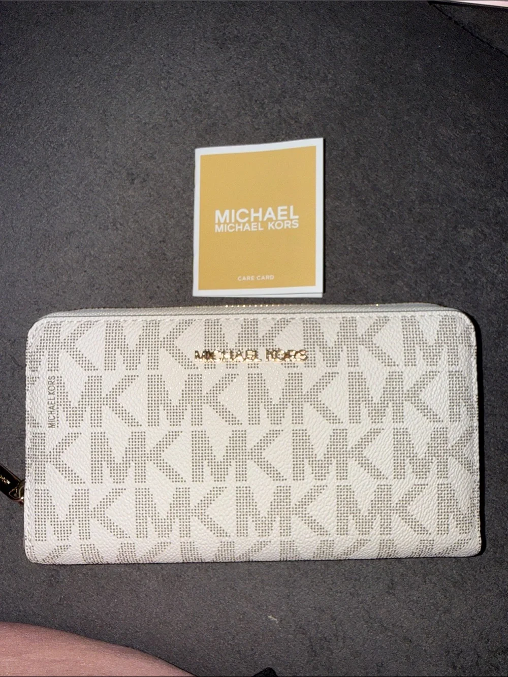 Authentic Brand New! Michael Kors Beige/Gold MK Logo Zip-Around Wallet.